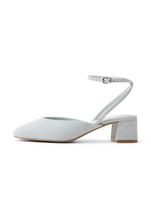 Light blue suede slingback shoe with a rounded toe, adjustable ankle strap, and a square mid-heel for a stable base.