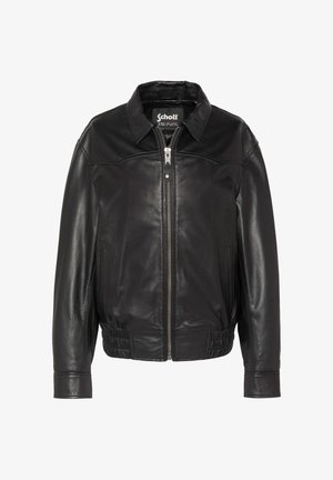 Schwarze Lederjacke mit Frontreißverschluss, Kragen, zwei seitlichen Taschen und elastischem Bund.