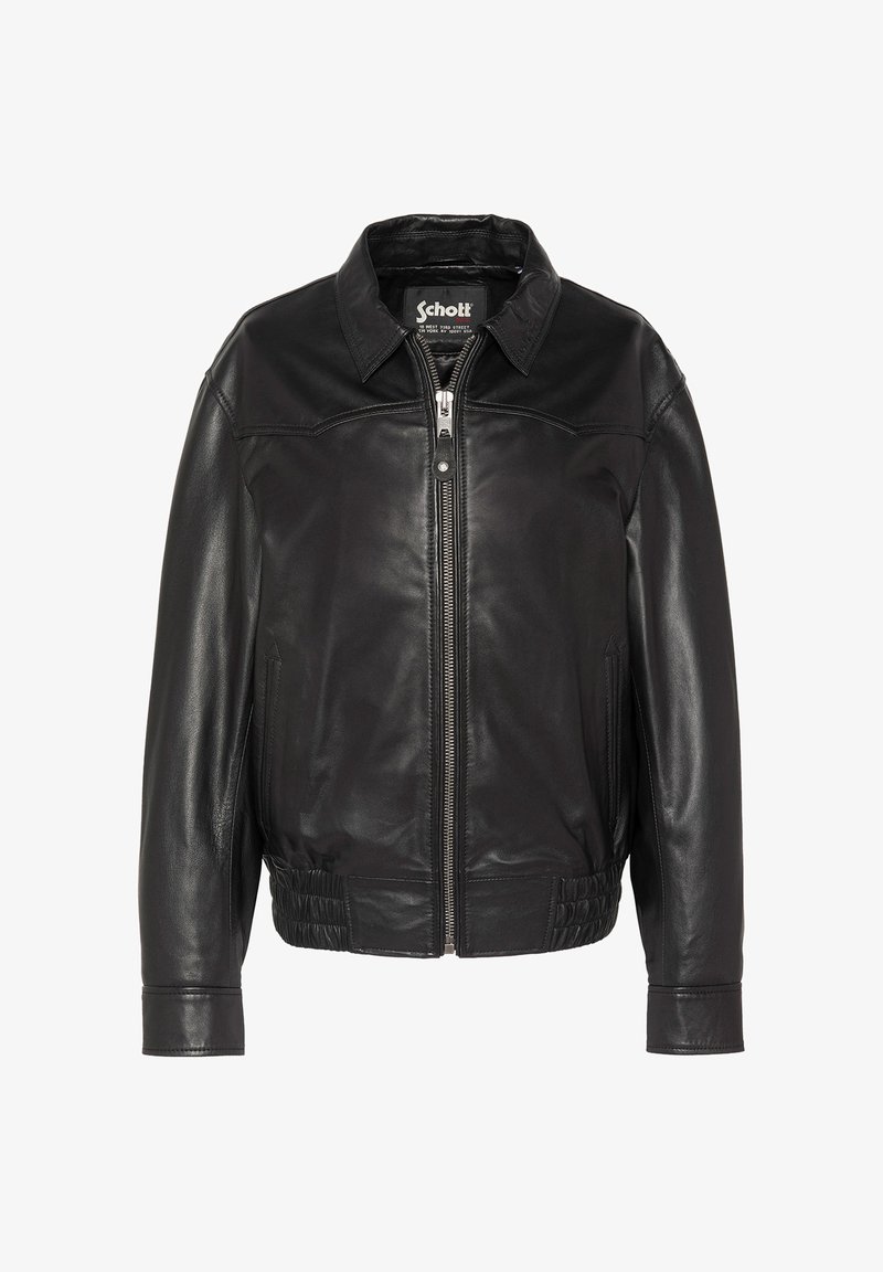 Chaqueta de cuero negro con cremallera frontal, cuello, dos bolsillos laterales y detalles de cintura elástica.