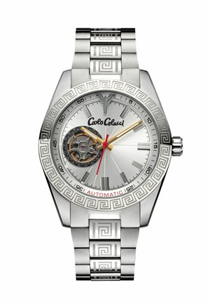 Silver stainless steel watch with a geometric patterned band. Features a round silver face, automatic movement, gold and red accents, and visible gears.