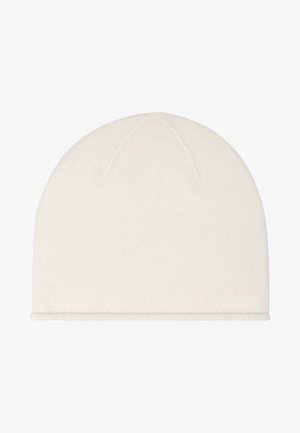 Berretto in maglia di colore crema, design senza cuciture, cima arrotondata, texture morbida e orlo arrotolato alla base, adatto per un abbigliamento informale.