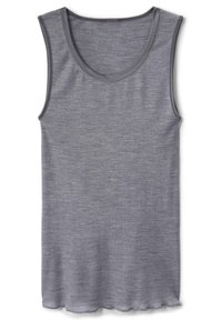 Grijze mouwloze tanktop gemaakt van zacht, textuurstof. Heeft een ronde halslijn en een recht gesneden zoom met gestikte randen.