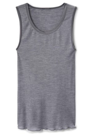 Grijze mouwloze tanktop gemaakt van zacht, textuurstof. Heeft een ronde halslijn en een recht gesneden zoom met gestikte randen.
