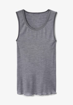 Gray sleeveless tank top made of soft, textured fabric. Features a round neckline and straight-cut hem with stitched edges.