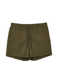 Olivgrüne Badeshorts aus strukturiertem Stoff, mit einem elastischen Bund und Kordelzug sowie seitlichen Taschen. Quadratischer Schnitt der Beine.