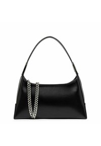 Borsa nera in pelle con una forma strutturata, caratterizzata da un accento in catena argentata su un manico curvo e una superficie liscia e lucida.