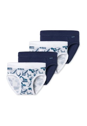 Three pairs of boys' briefs: one white with blue construction vehicles, two solid navy blue. Soft cotton material, elastic waistband.