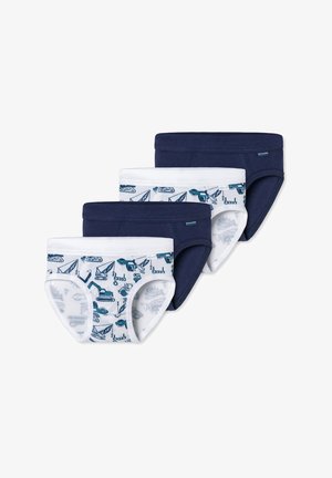 Drei Paare Jungenunterhosen: eine weiße mit blauen Baustellenfahrzeugen, zwei einfarbig marineblau. Aus weichem Baumwollmaterial, mit elastischem Bund.