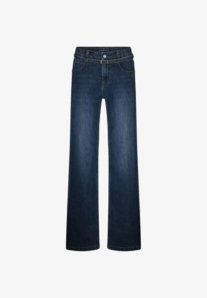 Jeans taille large bleu foncé en denim. Dotés d'une fermeture à bouton à l'avant, de passants de ceinture et de deux poches avant. Coupe droite classique.