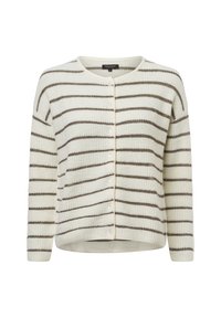 Wafelgebreide cardigan in crème met horizontaal bruine gestreepte patroon. Heeft een ronde hals, knoopsluiting aan de voorkant en lange mouwen. Zachte textuur.
