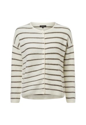 Waffelstrick-Cardigan in Creme mit horizontalem braunem Streifenmuster. Verfügt über einen runden Halsausschnitt, eine Knopfleiste und lange Ärmel. Weicher Stoff.