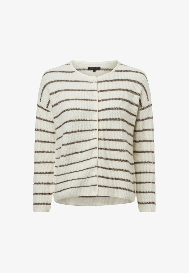 Wafelgebreide cardigan in crème met horizontaal bruine gestreepte patroon. Heeft een ronde hals, knoopsluiting aan de voorkant en lange mouwen. Zachte textuur.