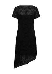 Robe en dentelle noire à manches courtes, dos supérieur transparent, motif cachemire et ourlet asymétrique plus long d'un côté.