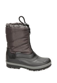 Voděodolná černá zimní bota s prošívaným textilním svrškem, šněrováním na vrcholu a gumovou podrážkou s texturovaným trakčním vzorem.