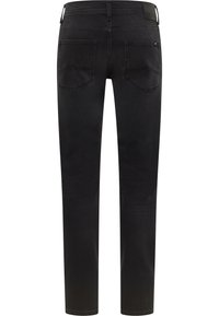 Czarne dżinsy z denimu o prostym kroju, wyposażone w pięć kieszeni, gładką fakturę i subtelny, wyblakły wzór z tyłu.