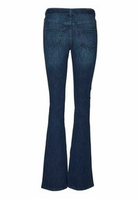 Temno modri jeans s rahlimi hlačami, z dvema zadnjima žepoma, šivanim detajlom in gladko teksturo. Rahle hlače se začenjajo pod kolenom.