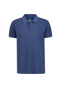 Donkerblauwe polo shirt van katoen; heeft een kraag, een drieknoopsluiting en een klein geborduurd logo op de linkerkant van de borst.