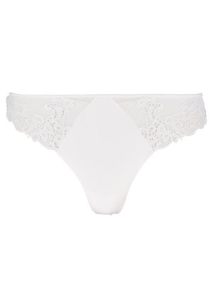 Weiße Hüftslips mit Spitzenbesatz, versehen mit zarten Blumenmustern am Bund, aus weichem Stoff und in einem klassischen Unterwäscheschnitt.