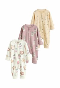 Three baby romper suits in ribbed fabric: white with food patterns, pink with drink motifs, and yellow with small dots. All feature front zippers.