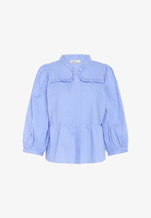 Blauwe gestreepte blouse met een gerimpelde kraag en puffmouwen. Voorzien van een knopenlijst aan de voorkant en een geweven tailleband. Soepele stofstructuur.