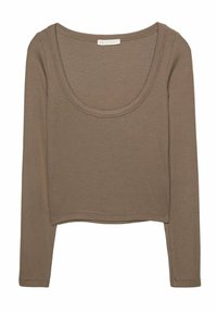 Brązowy, prążkowany, długi rękaw crop top z szerokim okrągłym dekoltem i dopasowanym krojem.