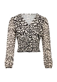 Sort og crème langærmet bluse med smocket talje og abstrakt print. Stoffet har en glat overflade med gennemsigtige ærmer.