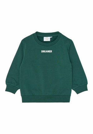 Ciemnozielona bluza z długim rękawem, z prążkowanymi mankietami i dołem, z białym napisem "DREAMER" na środku z przodu pod dekoltem.