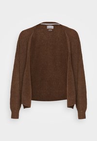 Hnědý pletený kardigan s otevřeným předním dílem, dlouhými rukávy, vroubkovanou strukturou a uvolněným střihem. Štítek viditelný na zadním výstřihu.