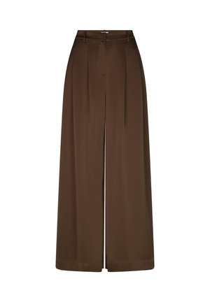 Bruine broek met hoge taille, brede pijpen, riemlussen, voorplooien en een verborgen voor sluiting.