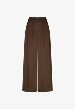 Bruine broek met hoge taille, brede pijpen, riemlussen, voorplooien en een verborgen voor sluiting.