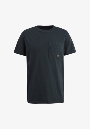 Tummansininen puuvillapaita lyhyillä hihoilla, pyöreällä kaula-aukkolla ja etutaskulla. Paitassa on pieni logotunnus taskun yläpuolella. Sileä kangas.