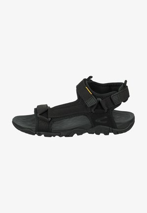 Black outdoor sandals with adjustable straps, textured rubber sole, and padded ankle support. Features plastic buckles and reinforced stitching.