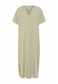 Világoszöld, rövid ujjú ruha V-kivágással, laza szabással és oldalsó hasítékokkal. Puha anyagból készült, minimális varrással és sima felülettel.