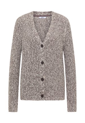 Pletený cardigan v hnědé a krémové barvě, s výstřihem do V, dlouhými rukávy a pěti tmavými knoflíky vpředu. Texturovaný, útulný design.