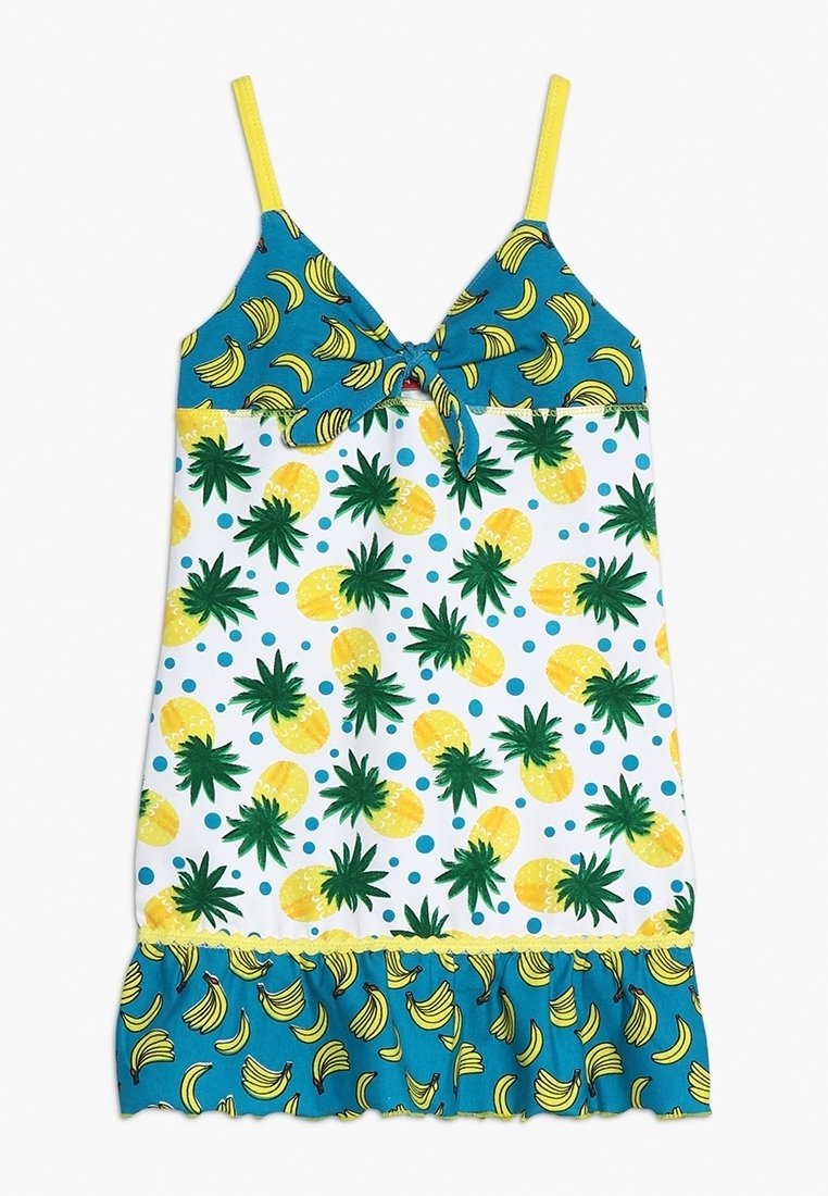 Vestito senza maniche con motivo di frutta tropicale. La parte superiore presenta banane su sfondo turchese, mentre la parte inferiore mostra ananas e pois. Accenti gialli.