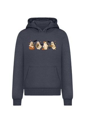 Dunkelgrauer Kapuzenpullover mit einem Frontgrafik von vier Cartoon-Geistern, Fledermäusen und einem Kürbis, mit einer Kängurutasche und gerippten Bündchen.