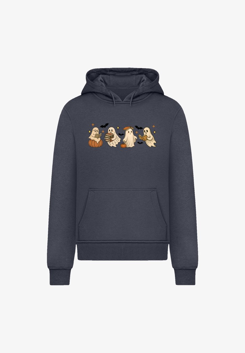 Dark grey hoodie featuring a front graphic of four cartoon ghosts, bats, and pumpkin, with a kangaroo pocket and ribbed cuffs.