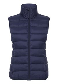 Donkerblauwe gewatteerde vest met hoge kraag, horizontale gestikte patroon, ritssluiting aan de voorkant en zonder mouwen. Lichtgewicht, geïsoleerde stof.