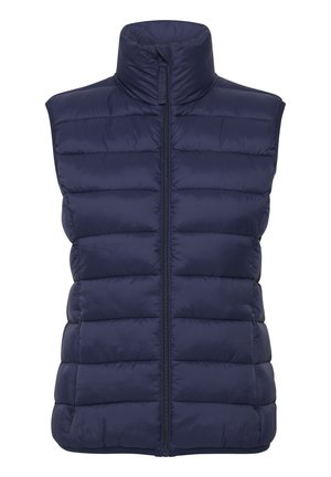 Gilet matelassé bleu marine avec col montant, motif matelassé horizontal, fermeture éclair sur le devant et sans manches. Tissu léger et isolant.