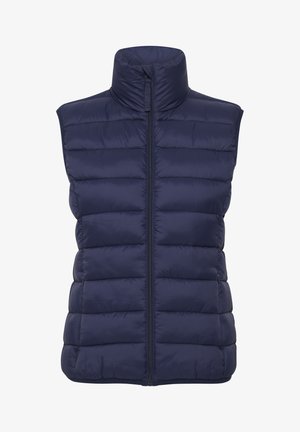 Tumesinine puffertagi kõrge kraega, horisontaalse tikandimustriga, ees lukuga ja ilma varrukateta. Kerge, isoleeritud kangas.