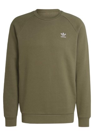 Oliwkowa bluza z długim rękawem i okrągłym dekoltem, z prążkowanymi mankietami i logo Adidas na lewej piersi.
