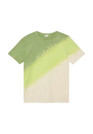 T-Shirt mit kurzen Ärmeln und diagonalem Batikmuster in Grüntönen und Beige, Rundhalsausschnitt und kleinem Markenlabel innen im Kragen.