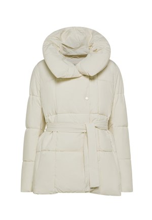 Giacca a vento in off-white, caratterizzata da un ampio cappuccio pieghevole, vita con cintura e motivo trapuntato con cuciture in evidenza.