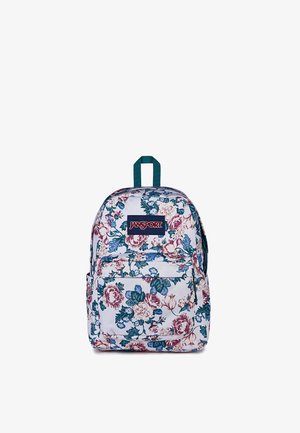 Hvid JanSport rygsæk med blå og bordeaux blomsterprint og grøn topstrop, foran lynlåslomme og hovedrum med lynlås.