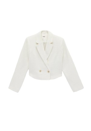 Blazer blanc cropped à manches longues, tissu texturé, revers en pointe et deux boutons dorés à l'avant.