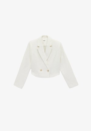 Blazer blanc cropped à manches longues, tissu texturé, revers en pointe et deux boutons dorés à l'avant.