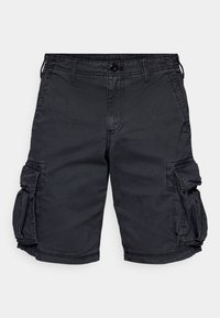 Black cargo shorts made of cotton with multiple side pockets, a zip fly, and belt loops. Features a durable fabric with visible stitching.