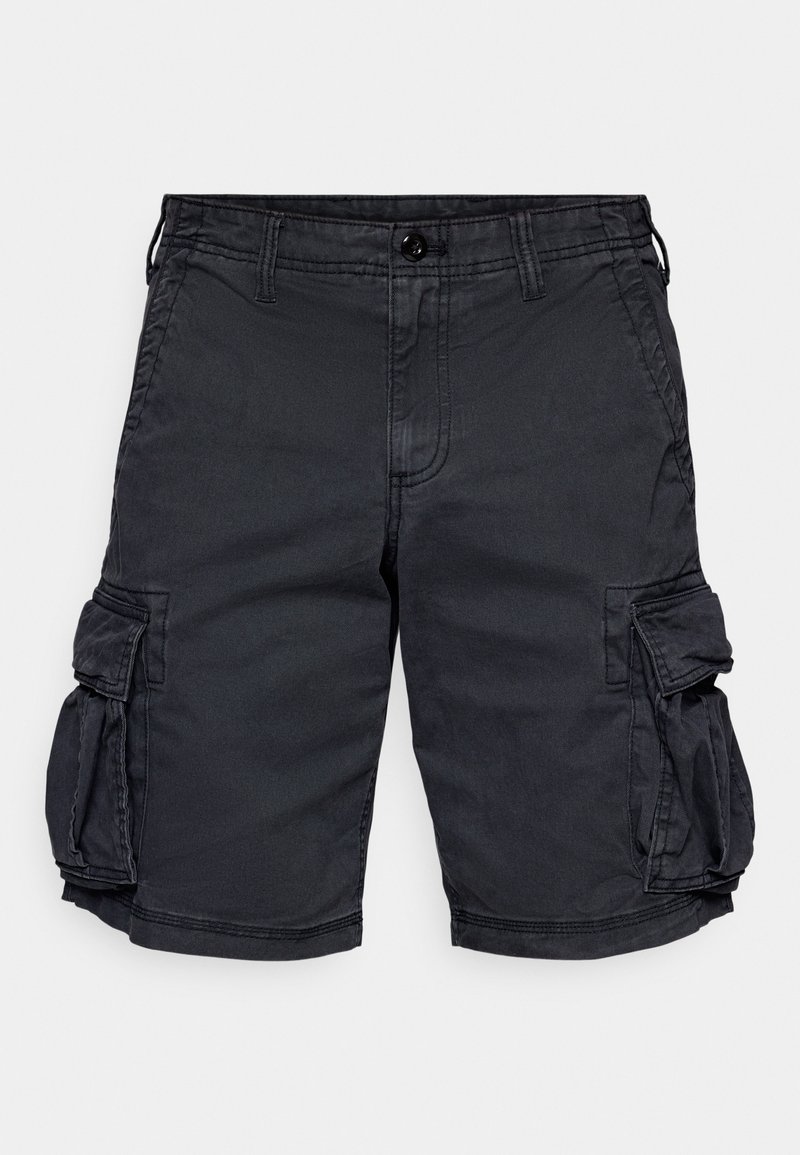 Bermudas negras de algodón con múltiples bolsillos laterales, cremallera y pasadores para cinturón. Presentan un tejido duradero con costuras visibles.