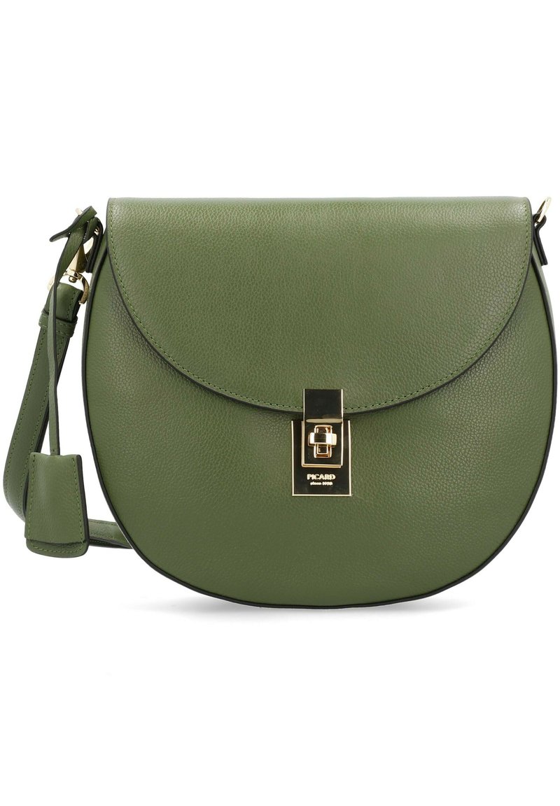 Grüne Leder-Crossbody-Tasche mit runder Form, ausgestattet mit einem goldfarbenen Verschluss, schwarzer Borte und einem verstellbaren Träger.