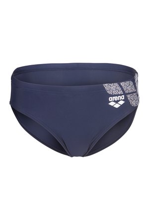 Slip da uomo blu navy con motivo geometrico bianco e logo Arena bianco sull'anca destra.